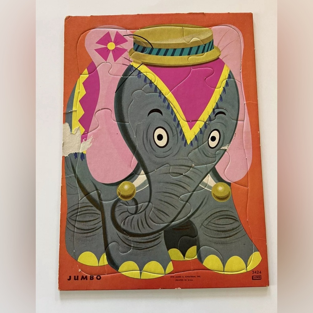 Vintage Elephant Puzzle Jumbo Circus James & Jonathan 1970 Cardboard Whimsy Read